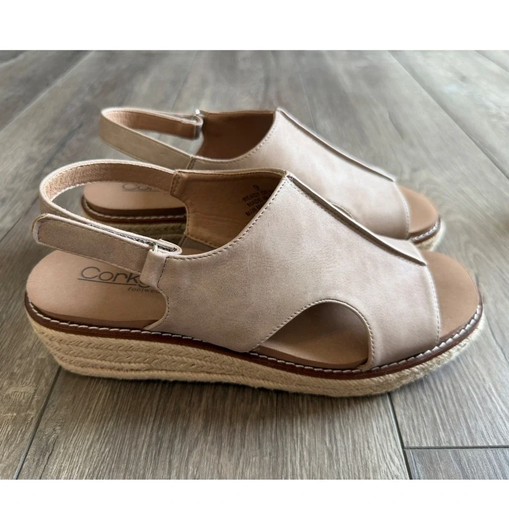 Corkys Ready Or‎ Not Tan Espadrille Wedge Sandals 9 Slingback Platform NWOT